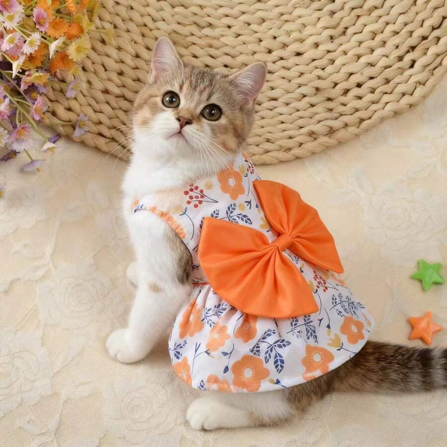 情人节蝴蝶结连衣裙套装，适合小型犬猫，透气柔软的公主裙，饰有蝴蝶结，是春夏的理想之选。 - 橘色 - 查看 1