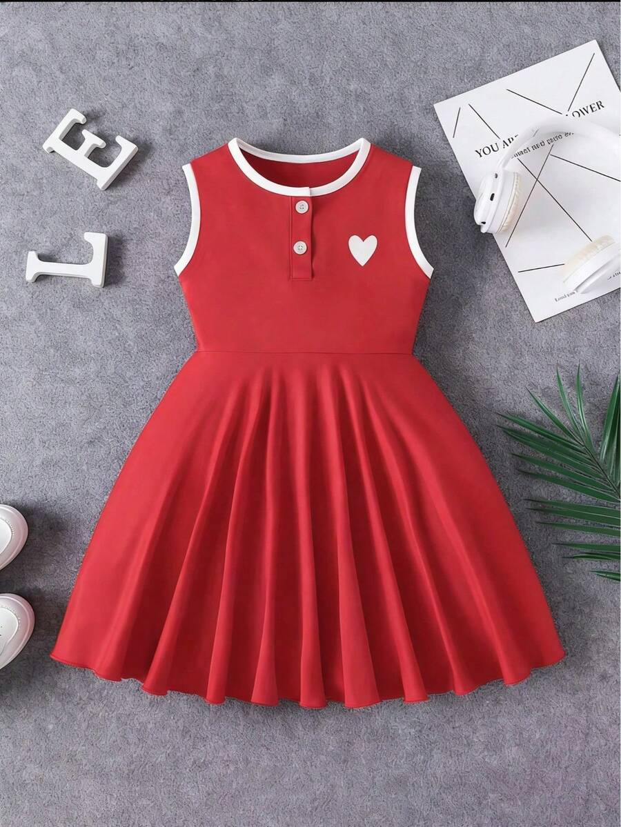 Young Girl Summer Casual Heart Print Trim Camisole Dress - Red - View 1