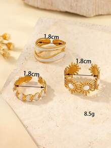 Bộ 3 chiếc nhẫn hình trái tim và mặt trời bằng thép không gỉ mạ vàng 304, có thể điều chỉnh kích thước, chống nước, chống mồ hôi và chống phai màu, thích hợp để phụ nữ đeo hàng ngày hoặc làm quà tặng. - Vàng - Xem 3