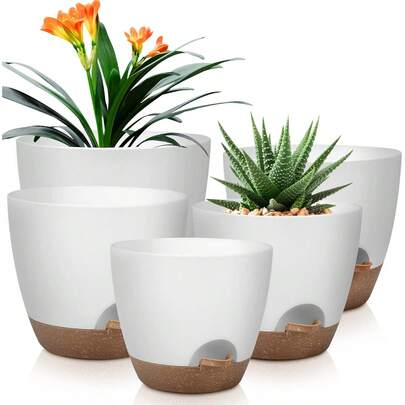 7/6.5/6/5.5/5 Inch Self-Watering Flower Pots, [Assorted Sizes] This Indoor Plastic Planter Set Combines 5 Different Sizes, Suitable For Growing Most Small To Medium-Sized Household/Office Plants Such As Orchids, Cacti, Succulents, Aloe Vera, Basil, Flowers, Peace Lilies, Air Plants, Snake Plants, And Can Also Be Used For Outdoor Vegetable Gardening, To Brighten Up Your Living Space.