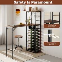 COSTWAY Bar Table With Foldable Tabletop, Tall Kitchen Island Table With Glass Racks, Bottle Holders And Storage Shelves, Wine Bar Table, Metal Coffee Bar For Dining Room And Living Room,Brown - Brown - View 5