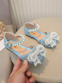 Giày búp bê đi học thường ngày cho bé gái lớn, kiểu công chúa, đính nơ, đính đá và ngọc trai. - Màu xanh lam - Xem 3