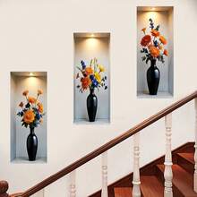 3片装花瓶墙贴，自粘式仿墙壁龛花卉艺术壁画，适用于客厅和走廊装饰，防水可移除，家居装饰 - 現代花瓶花卉牆貼 - 查看 4