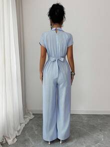 Women's Casual Elegant Striped Lapel Criss-Cross Pocket Tie-Waist Short Sleeve Jumpsuit, Spring/Summer - Blue - View 2