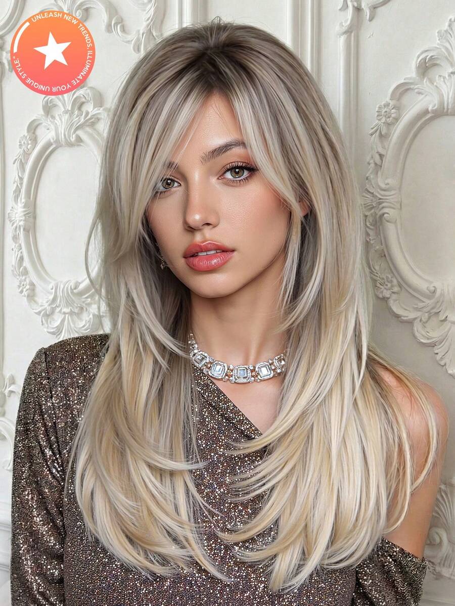 Tóc giả tổng hợp màu trắng xám có mái, dài 22 inch, kiểu tóc thẳng nhiều lớp tự nhiên, thích hợp cho nữ, dùng hàng ngày, cosplay, chịu nhiệt. - Xám - Xem 1