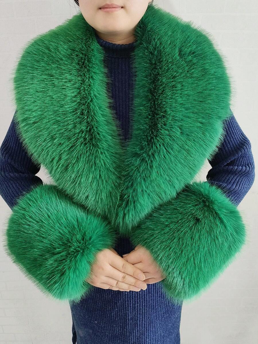 3pc  Fabric    Elegant    None    Fur Collar And Cuffs  Autumn And Winter - 綠色 - 查看 1