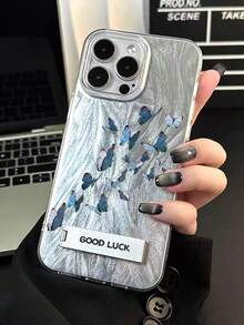 1pc Silver Feather Chiffon Dreamy Full Coverage Phone Case With Blue Butterfly & 3D Metal Stand, Compatible With IPhone 11/12/13/14/15/16/17/Pro Max - Silver - View 1