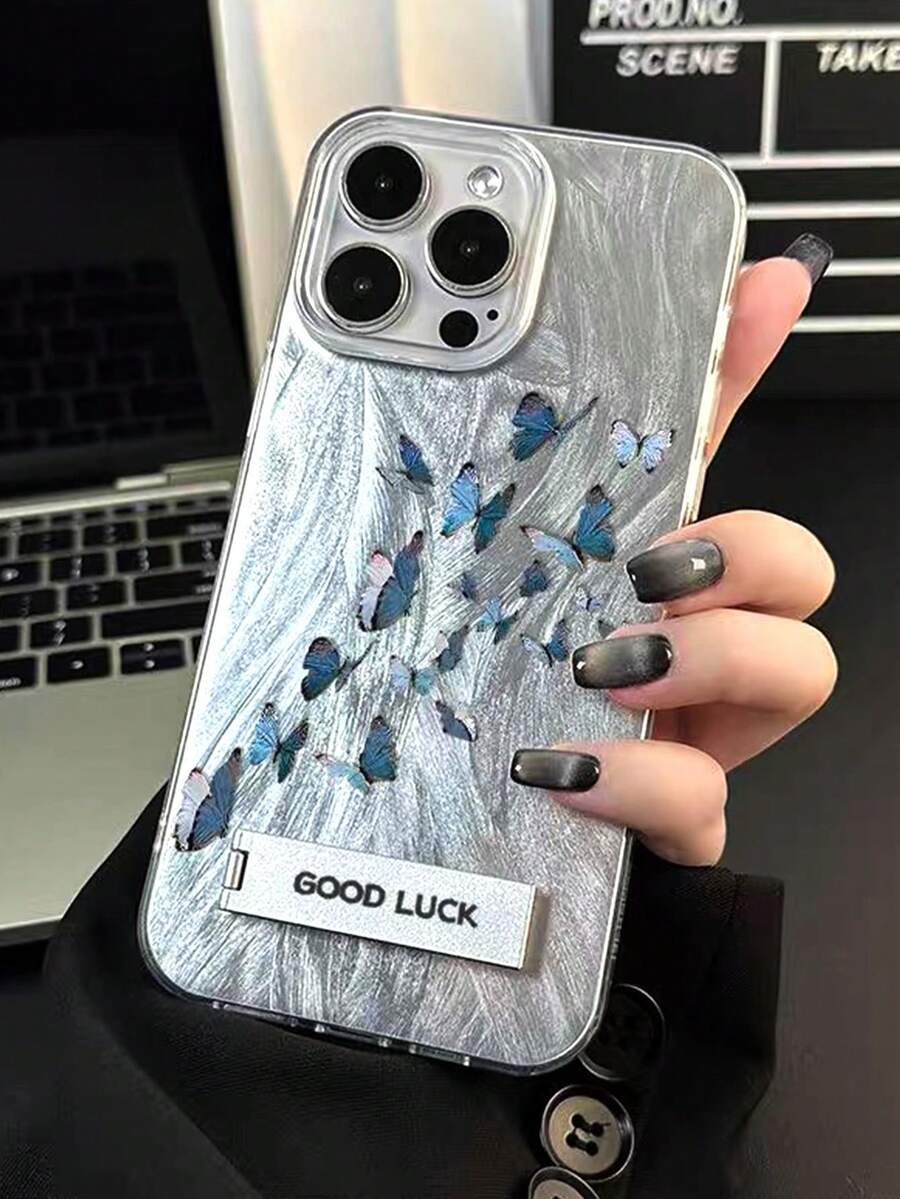 1pc Silver Feather Chiffon Dreamy Full Coverage Phone Case With Blue Butterfly & 3D Metal Stand, Compatible With IPhone 11/12/13/14/15/16/17/Pro Max - Silver - View 1