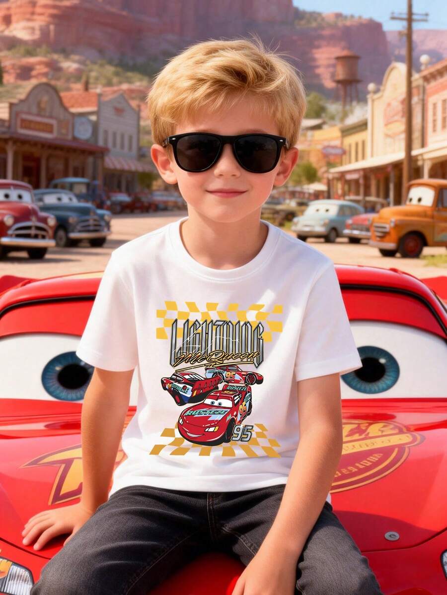 Disney Boys' T-Shirt Featuring A Creative Cartoon Print Of Lightning McQueen From Cars. Made From Soft, Comfortable, And Breathable Fabric, It's Perfect For Everyday Wear, Outings, And Activities-Making It An Ideal Gift For Kids. - White - View 1