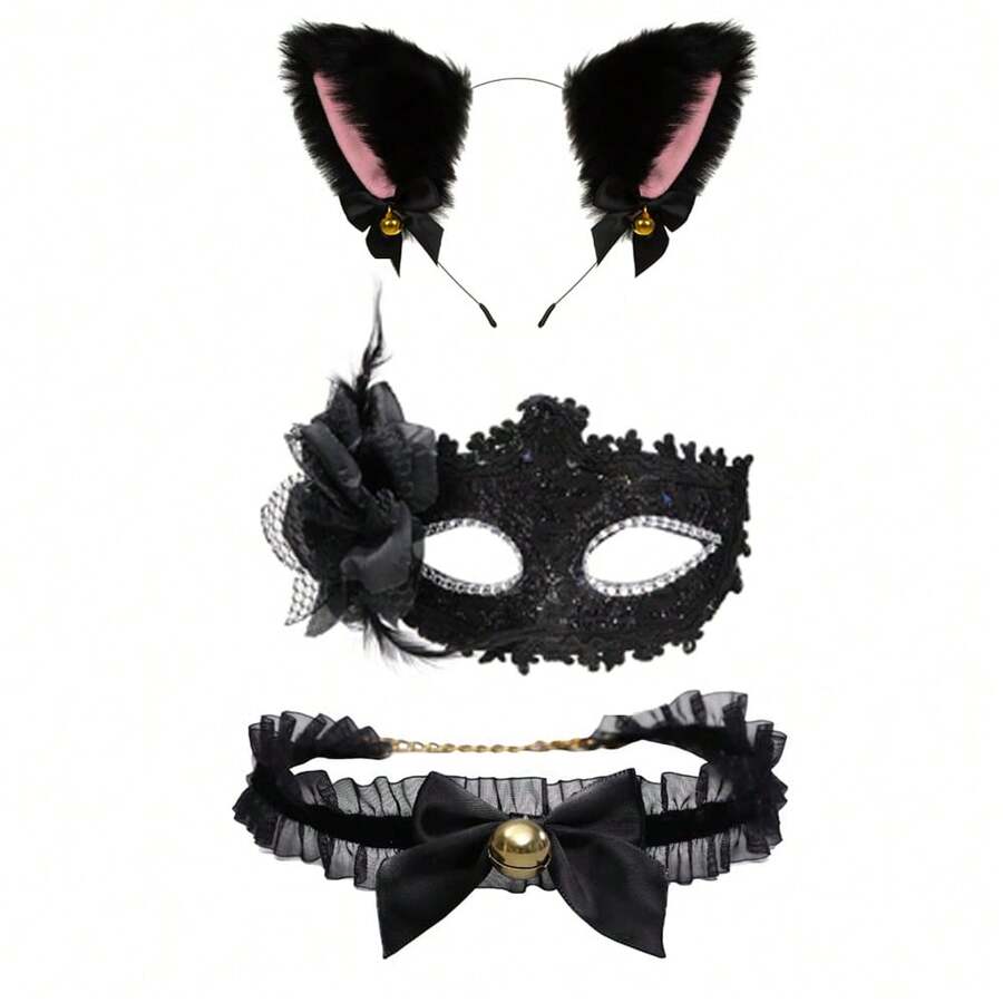 Faux Fur Cat Dog Ears Headband With Bell Cute Flexible Hair Accessories Party Cosplay Costume Party Dress Girls, Sexy Face Mask, Prom Party Dress Up Decoration, Valentine's Day Gift - Multicolor - View 1