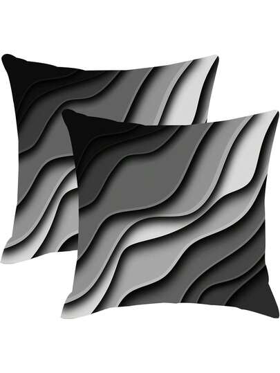 2pcs Black & White 3D Wavy Pattern Pillow Covers, Abstract Curve Print Decorative Cushion Covers, Square Pillow Shams, Suitable For Modern Living Room & Minimalist Spaces - Zipper Design, Machine Washable, Minimalist Elegant Style, Pillow Insert Not Included