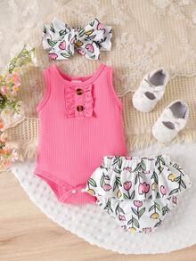 2pcs/Set Cute & Sweet Baby Girls Pink Romper + Printed Shorts Set, Spring/Summer - Hot Pink - View 1