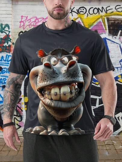 男士笑河马印花短袖T恤，户外运动休闲日常百搭T恤，适合所有季节