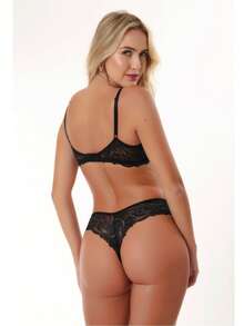 Sexy Lace Lingerie Set, Demi-Cup Bra With Underwire. - Đen - Xem 3