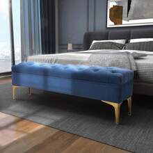 Blue Velvet Bench, 118 X 45 X 42 Cm, With Raised Legs, Ideal For The Bedroom And Entryway. This Bench Can Also Be Used As A Bed Bench Or Shoe Bench. It's Perfect For The Bedroom Or Hallway. - Teal Blue - View 2