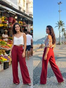 Simple Pocket, Contrasting Waistband, Zipper, Close-Up - Burdeos - Ver 2