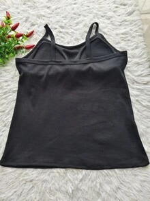 Women's Ribbed Tank Top With Thin Straps And Padded Cups - Black 2 - View 2