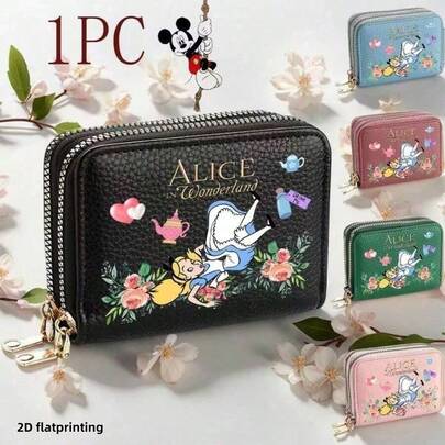 Disney 1个主题钱包 - 多功能女士时尚配饰，带卡槽、护照夹和零钱包，有黑色、蓝色、粉色、绿色可选，饰有卡通图案，可收纳文件