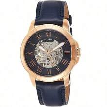 Fossil Men's Automatic Mechanical Leather Strap Three-Hand Watch, Stainless Steel Case/Scratch-Resistant Glass Lens ME3111/ME3100/ME3101/ME3102 - Navy Blue + Rose Gold Case - View 5