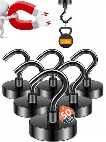 Heavy Duty Magnetic Hooks 50Lbs Strong Neodymium Black Magnet With Hook For Hanging Heavy Easy Installation No Need Drilling Super Powerful Magnetic Hooks Extra Strength Industrial Hooks Suitable For Fridge Kitchen Storage Cabinet Workplace Office And School Essential Home Orgnazation Accessories