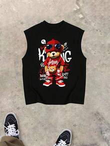 青少年男童小熊图案无袖圆领背心+工装裤舒适两件套，春夏款 - 黑色 - 查看 3