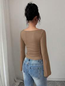 Women's Spring Fall Long Sleeve Shirts Crop Going Out Tops Casual Boat Neck Bell Sleeve Ribbed Ruched Y2K Clothes - Light Brown - View 2