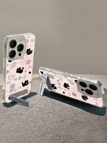 1pc Pink Feather Tulle Cute Cartoon Cat With Bow Phone Case With Metal Stand, Compatible For IPhone 11/12/13/14/15/16/17/Pro Max - Pink - View 2