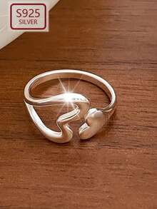 1枚S925纯银极简镂空心形开口戒指，女士清新优雅百搭指节/中指戒指，独特心形戒指礼品 - 鏤空愛心 - 查看 2