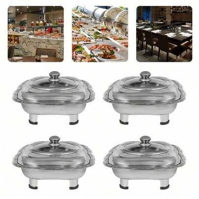 4pcs Stainless Steel Buffet Food Plates, Buffet Food Holders With Lids, Visible Design Chaffing Dishe Food Serving Trays Used In Gatherings, Events, Buffets, Hotels, Brunch, Catering, Parties, Wedding Banquets