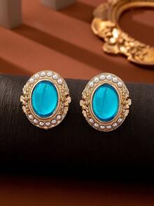 1对时尚椭圆形亚克力珍珠耳钉，经典欧式风格 - 彩色 - 查看 1