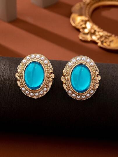 1对时尚椭圆形亚克力珍珠耳钉，经典欧式风格