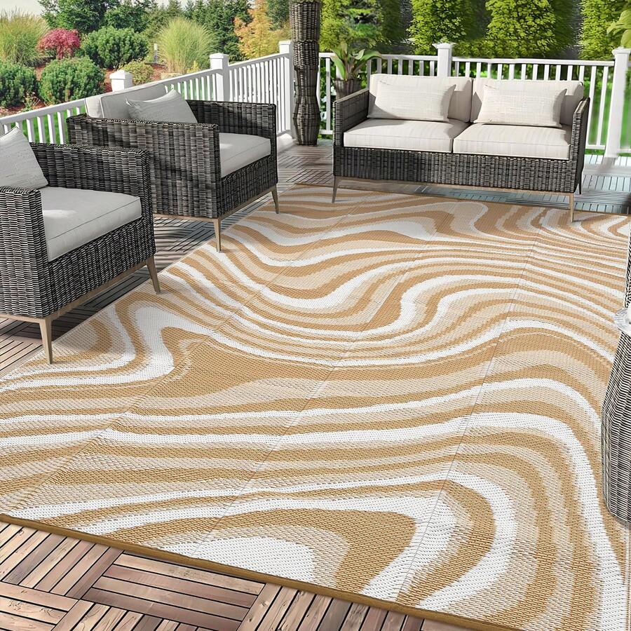 1Pcs Modern Abstract Pattern Outdoor Area Rug For Balcony Pool RV Waterproof Reversible Mat Palm Vintage Straw Plastic Camping Carpet For Patio Deck - Brown and White - View 1