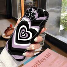 1件装极简主义黑、紫、白爱心图案黑色奶油波纹加厚防摔精准开孔镜头保护手机壳，适用于三星Galaxy、红米、OPPO A、vivo、传音等手机，时尚有型，是用户的理想之选。 - 黑色 - 查看 11