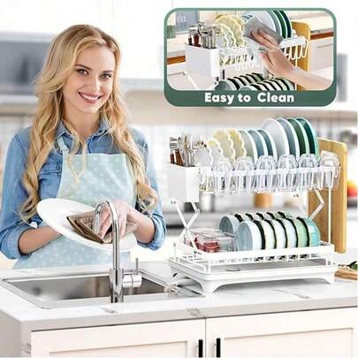 1 Set Black Dish Drying Rack, Large Stainless Steel Dish Rack With Drip Tray, Cup Holder And Cutlery Holder - 2-Tier Dish Rack For Countertop, Saves Dishwasher, Kitchen And Sink Solution, Apartment Essential, Kitchen Organizer With Cutlery Holder