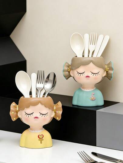1 Stück Bonbon Mädchen Besteck Aufbewahrungsglas aus Harz, süße Messer und Gabel Aufbewahrungsbox, kann auch als Vase und Dekorationsstück verwendet werden, geeignet für Raumdekoration, Heimdekoration, Geburtstagsdekorationen und Küchendekoration.