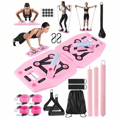 Pink Compact Push Up Board Pilates Bar Fitness Accessories With Resistance Bands Ab Roller Wheel For Women Gift