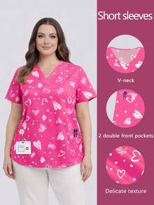 cimmuovere Plus Size Women's V-Neck Loose Short Sleeve Cute Heart Print Dual Pocket Scrubs Nurse Scrubs Workwear Dentist Healthcare Pet Hospital Laboratory Top Pink Spring - Pink - View 7