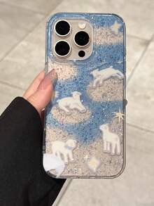 1 Pc Dream Glitter Shading Sheep Following From Printing, Lovely Advanced Sense Of Fashion And Personalized From The Silicone Protective Shell, Is Compatible With IPhone17 / Compatible With IPhone17promax Compatible With IPhone16 Pro Max/Compatible With IPhone15 Pro/Compatible With IPhone14 Compatible With IPhone13/12/11, Suitable For Family/Friends/Sister/Girlfriend On Valentine's Day Gift/Birthday Gift/Mother's Day Gift - Baby Blue - View 3
