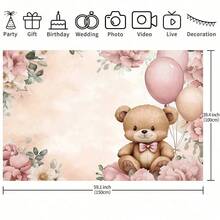 1件套可爱泰迪熊背景布，包含泰迪熊、粉色花朵、气球和花卉图案，适用于婴儿洗礼派对、性别揭晓派对、迎婴派对、生日派对、女孩房间装饰和摄影工作室背景。 - 彩色 - 查看 5