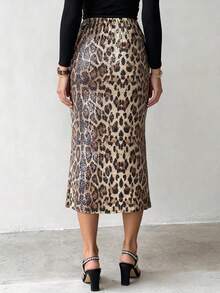 豹纹高腰亮片中长鱼尾修身鸡尾酒裙，适合夜店穿着 - 彩色 - 查看 1