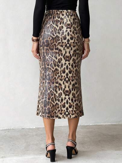 豹纹高腰亮片中长鱼尾修身鸡尾酒裙，适合夜店穿着