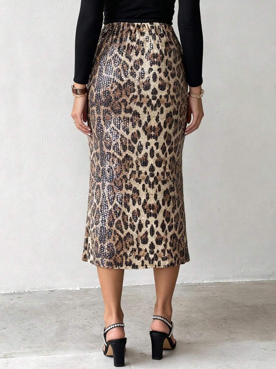 豹纹高腰亮片中长鱼尾修身鸡尾酒裙，适合夜店穿着 - 彩色 - 查看 1