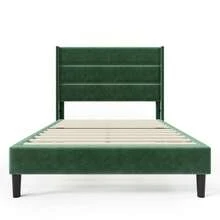 Upholstered Bed 90 X 200 Cm, Bed Frame With Headboard, Double Upholstered Bed, Dark Green Velvet Fabric, Bed For Young People - Green - View 6
