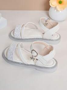 女童水钻凉鞋，新款夏季软底露趾公主鞋，小女孩亮片魔术贴沙滩鞋 - 白色 - 查看 2