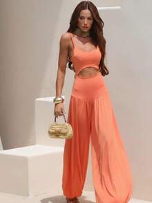 Wide-Leg Jumpsuit In Fluity Fabric With Double Lining And Fashionable Cutout. - Aperol Orange - View 4