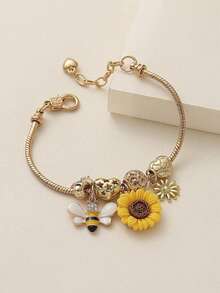 1 Piece Of Fashionable Bracelet Featuring A Golden Sunflower, Bee, And Hollowed-Out Heart-Shaped Flower Design For Teenagers - Multicolor - View 4