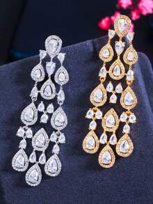 一对奢华镀金长款水滴流苏耳环，巴西风格婚礼耳环，立方氧化锆首饰配饰，适合订婚、婚礼、派对、舞会、伴娘礼物 - 1 pair earrings - 查看 9