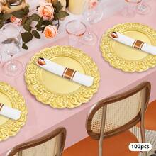 100pcs Modern Charger Plates Bulk, Dinnerware 13'' Plastic Embossed Dinner Plate Chargers Round Floral Plates For Wedding Decorative Chargers For Table Dinner Kitchen Party Decoration(Gold/Silver) ﻿ - Gold - View 8