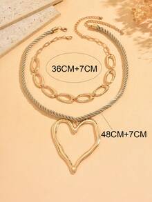 Set de 2 collares: 1 collar con colgante de corazón hueco asimétrico de oro mate versátil y 1 collar de cadena gruesa vintage de oro, adecuado para uso diario, citas, fiestas y festivales de música - Dorado - Ver 4