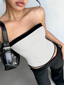 女士新款春夏无袖露脐上衣，撞色梭织面料，修身抹胸设计，休闲/工作/度假/派对/海滩/音乐节皆宜 - 黑與白 - 查看 5